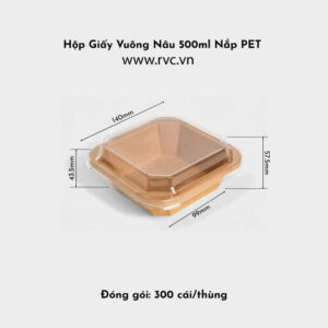 hộp giấy kraft vuông nâu 500ml nắp pet
