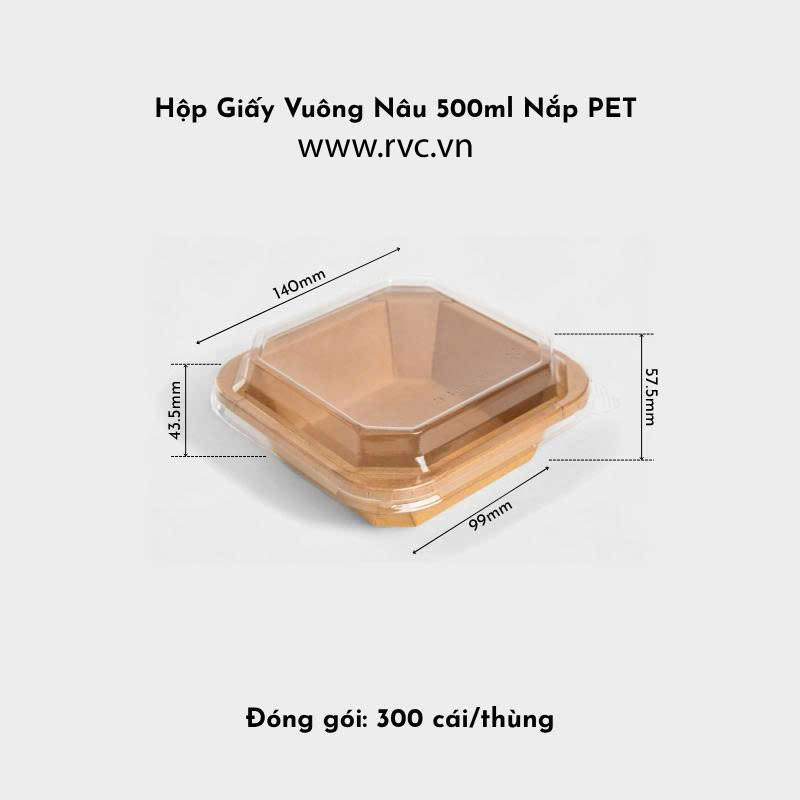 hộp giấy kraft vuông nâu 500ml nắp pet