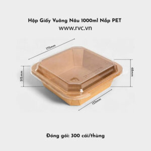 Hộp giấy kraft vuông nâu 1000ml nắp pet