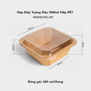 Hộp giấy kraft vuông nâu 1200ml nắp pet