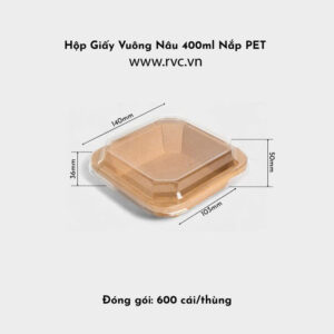 Hộp giấy kraft vuông nâu 400ml nắp pet