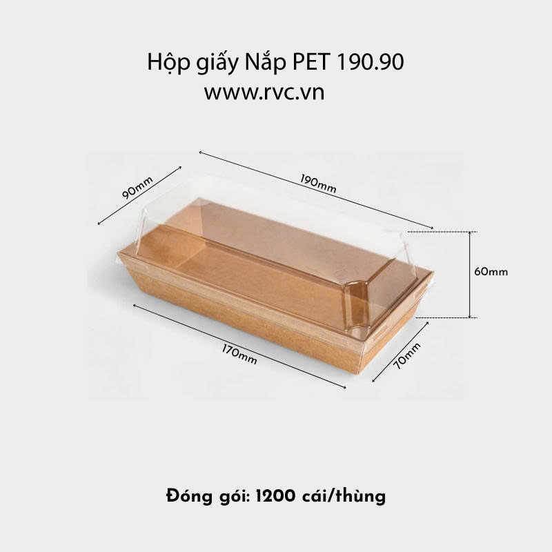 Hộp giấy chữ nhật nâu nắp pet 190 x 90mm