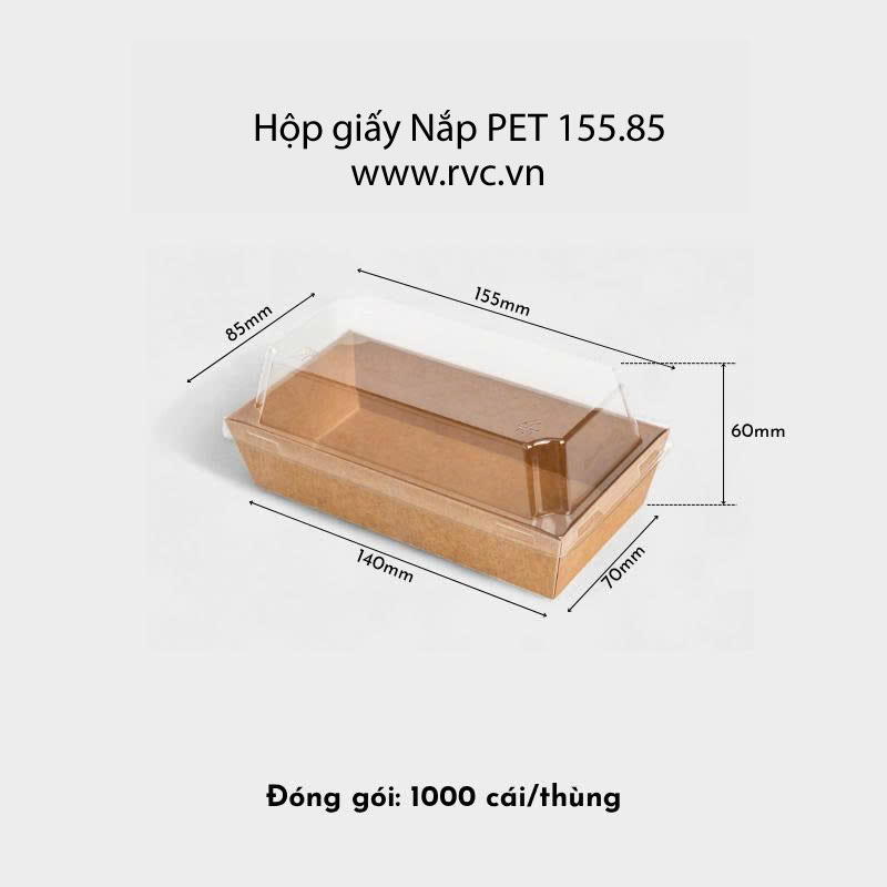 Hộp giấy chữ nhật nâu nắp pet trong 155.85